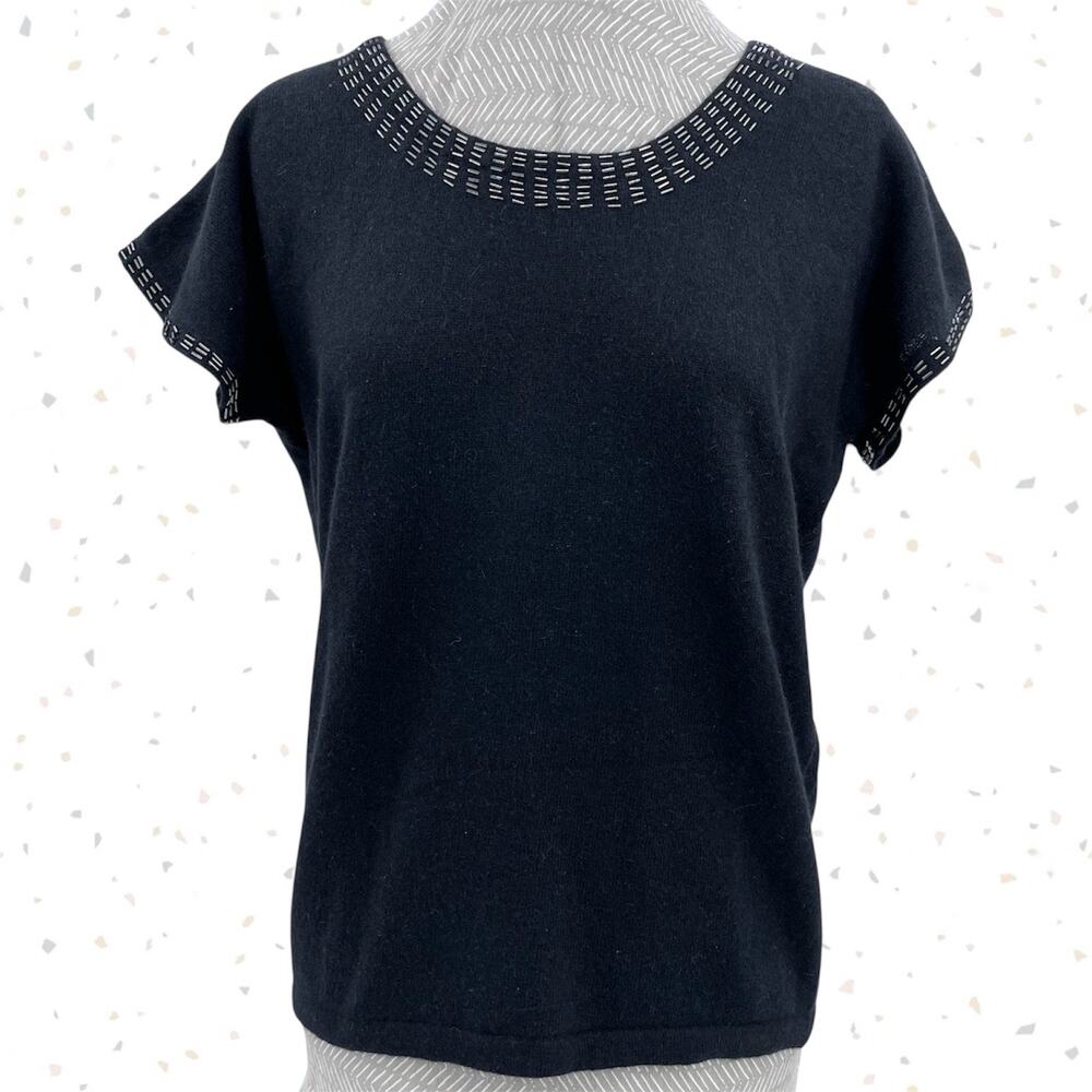 Vintage Black Angora Sweater Short Sleeve Beaded Wool Blend Sweater Top Size S